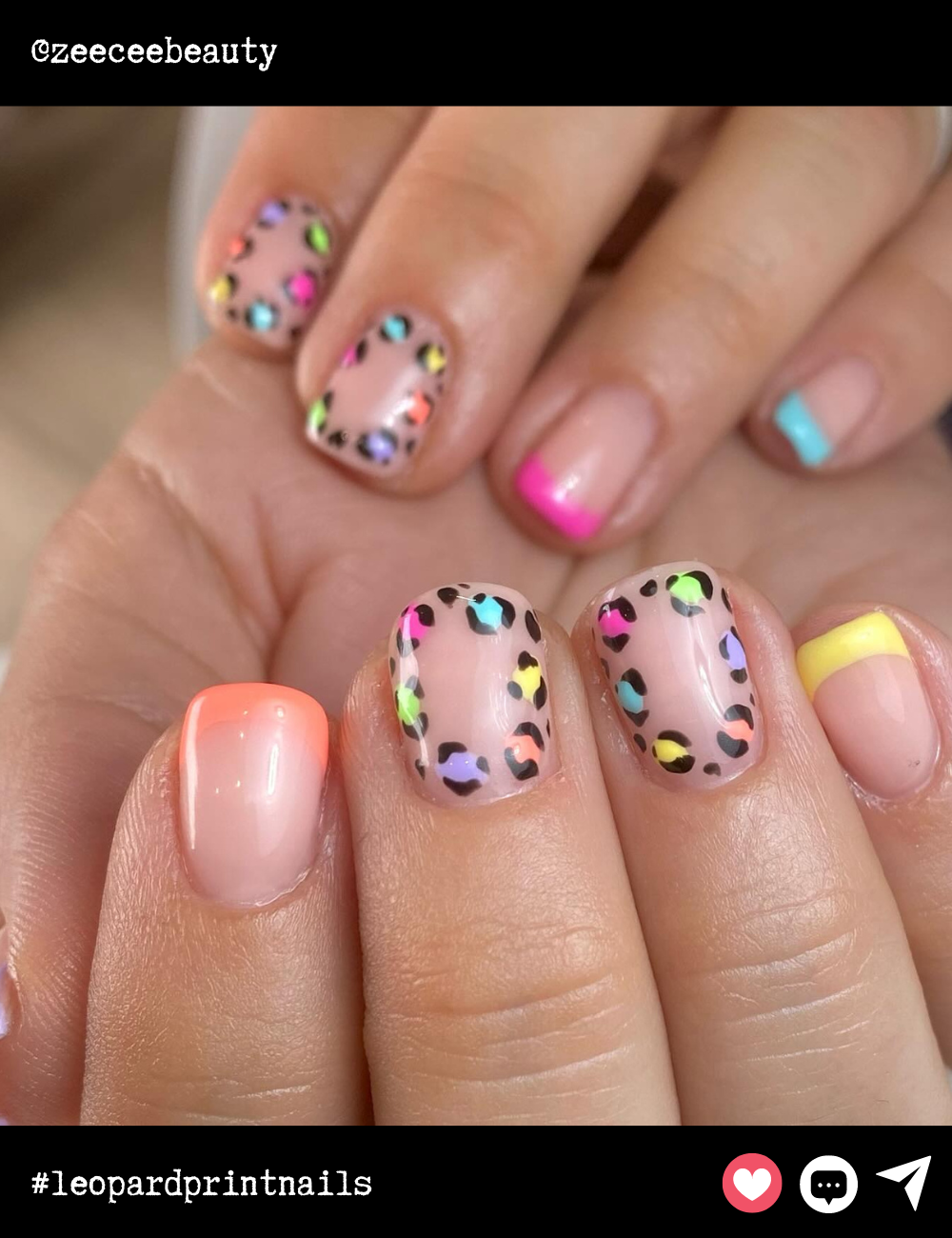 Short square nails pop with vibrant neon leopard print on a soft nude base. The pastel French tips on some nails add a playful twist, making this design perfect for someone who loves a colorful yet chic look.