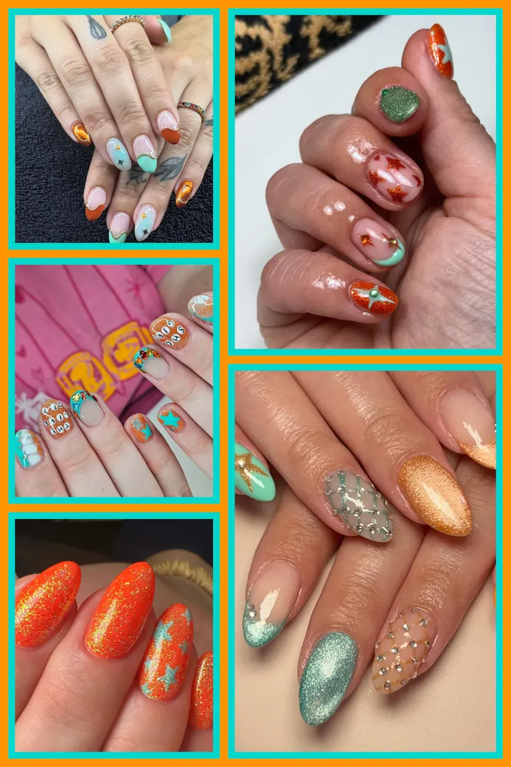 Swifties, these nail designs are for you! Orange, teal, and glitter nails inspired by Taylor Swift’s Life of a Showgirl album—perfect for concerts, everyday glam, or your next mani appointment. #TaylorSwiftNails #ShowgirlNails #Swiftie