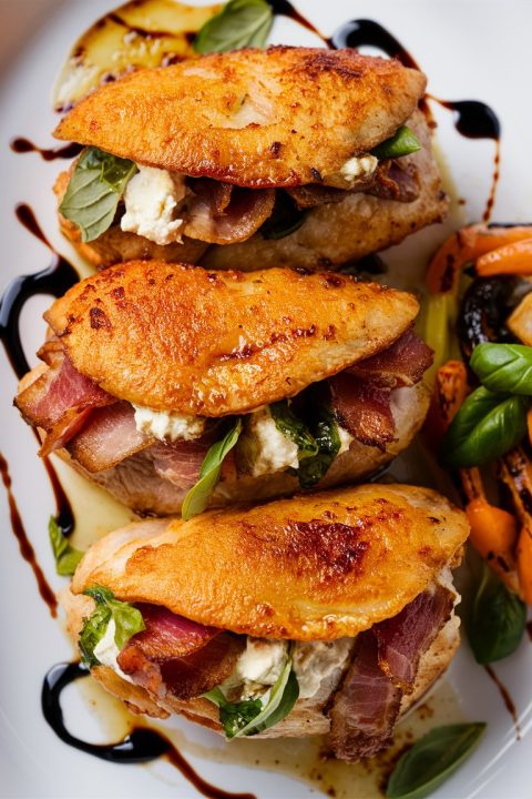 Filled with savory bacon, creamy goat cheese, and fresh basil, this gluten-free stuffed chicken recipe is sure to impress. Perfect for a fancy meal at home! ?️✨ #StuffedChicken #GourmetCooking