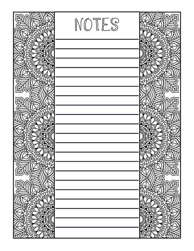 Mandala coloring notes page