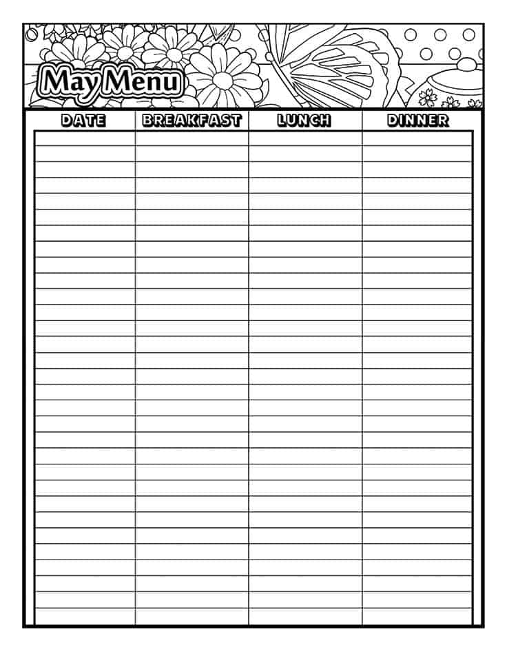 May printable coloring menu planner