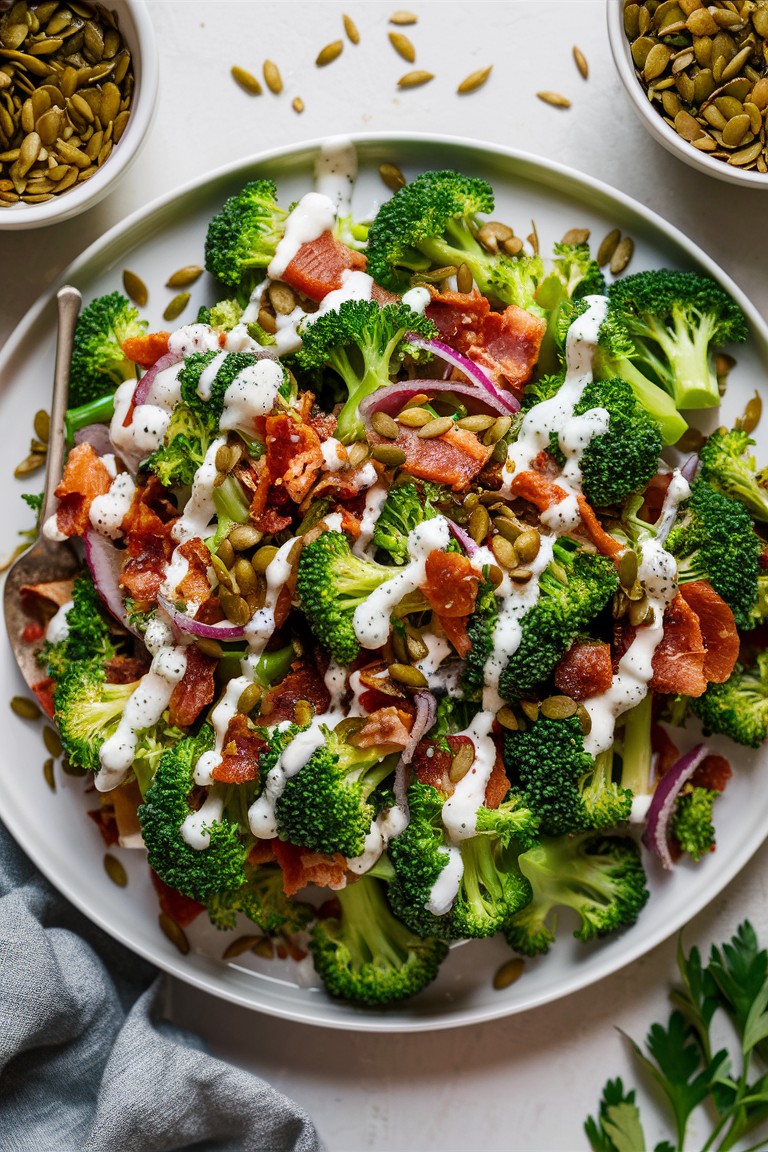 Light and delicious, this mayo-free broccoli bacon salad is ideal for casual gatherings. The lemony dressing brightens up every bite, while the pumpkin seeds add an irresistible crunch. Perfect for your next picnic! 🥳🌞