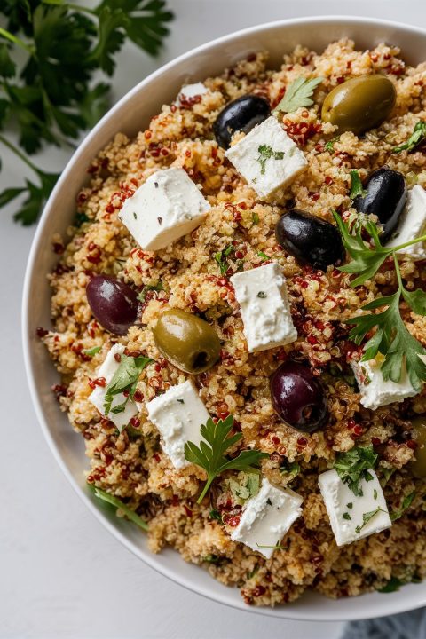 Enjoy a refreshing and nutritious meal with our Quinoa Salad, inspired by Mediterranean flavors! Packed with quinoa, creamy feta, and savory olives, this salad is a delightful mix of textures and tastes. Ideal for any occasion, from light lunches to festive gatherings. ? #FreshEats #HealthyLiving