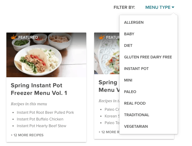 Select your menu - including Paleo, instant Pot and Toddler