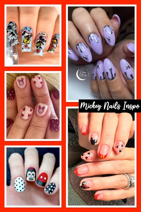 From cute Mickey polka dots to tropical Disney nails, these manicure ideas are perfect for your next park trip. Get inspired and add a little magic to your fingertips! #MickeyNails #DisneyManicure #DisneyNailArt