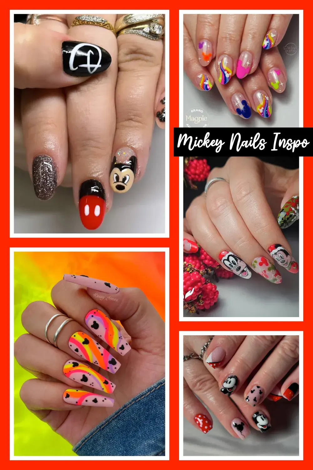 Disney Nail Art Ideas That Bring the Magic ✨🎢Show off your Disney love with these Mickey nail art designs — from classic red and white to rainbow and holiday styles! Perfect for your next Disney trip. #MickeyNailDesigns #DisneyVacation #NailInspo