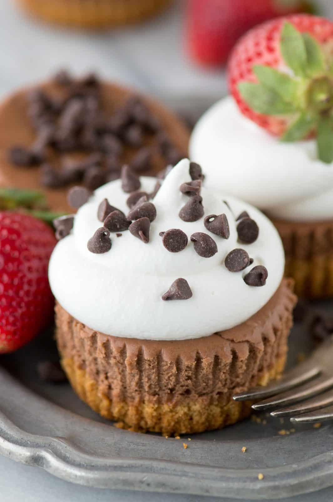 These mini chocolate cheesecakes are paired with a graham cracker crust and take just 15 minutes to bake!