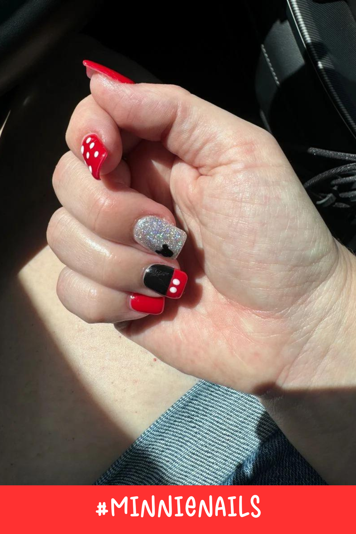 The perfect blend of bold and cute, these Minnie Mouse nails use black, red, and white for a striking look. Polka dots and a Minnie silhouette create a timeless Disney Minnie nails style for any occasion.