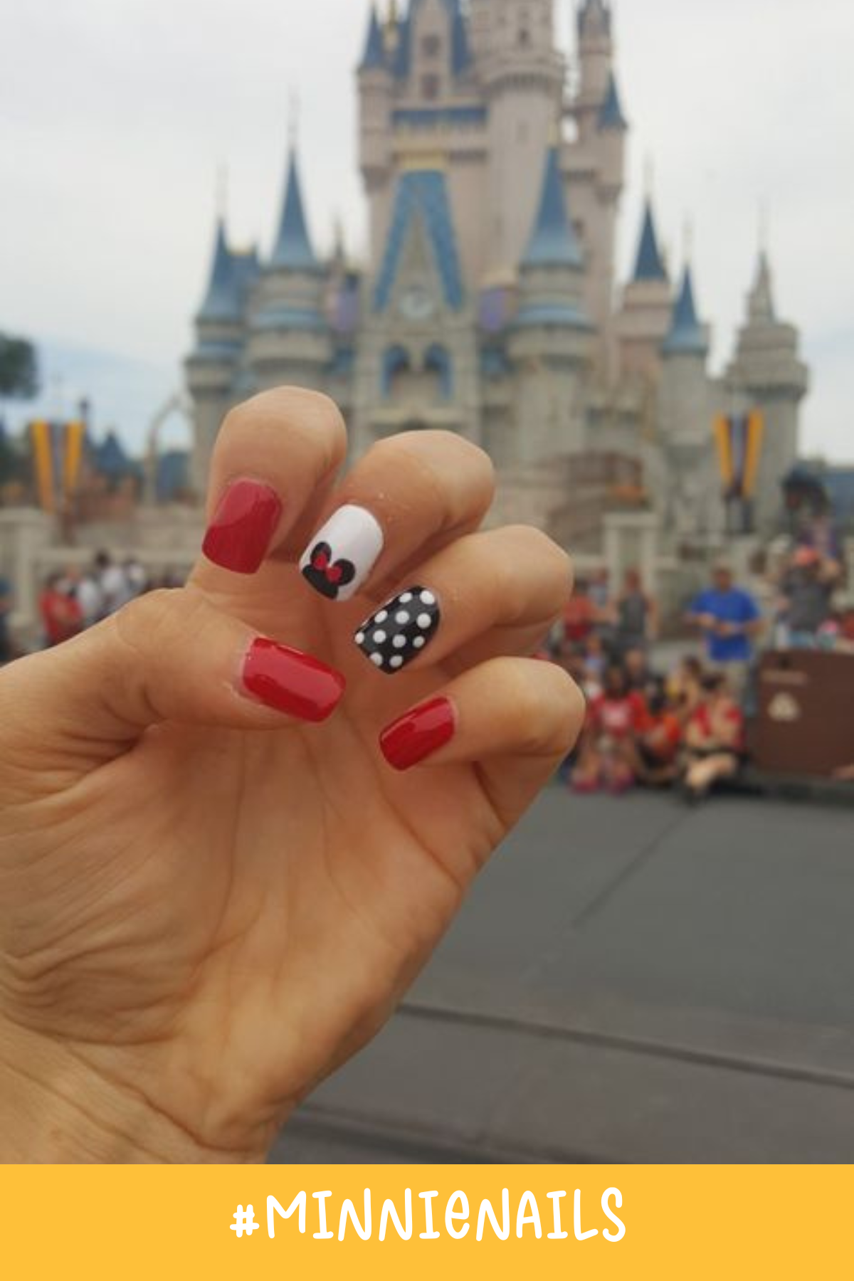 Show off your love for Disney with these classic Minnie nails. Featuring red polish, a white accent nail with a Minnie silhouette, and a black polka-dot nail, this design is perfect for Disney enthusiasts.