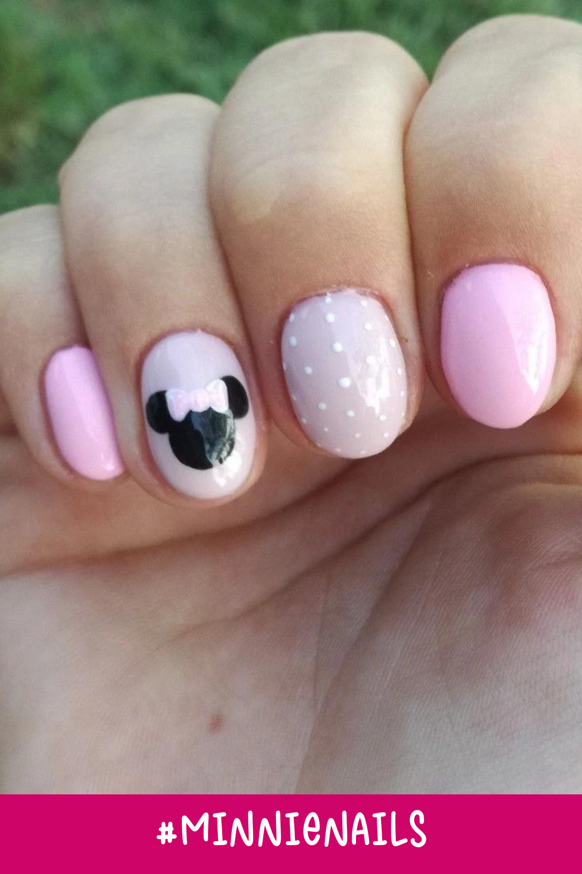 Soft pink hues dominate this Disney design nails set, featuring a cute Minnie Mouse silhouette and delicate polka dots. The pastel colors make these simple Minnie Mouse nails perfect for Disney lovers wanting a subtle nod to Minnie.