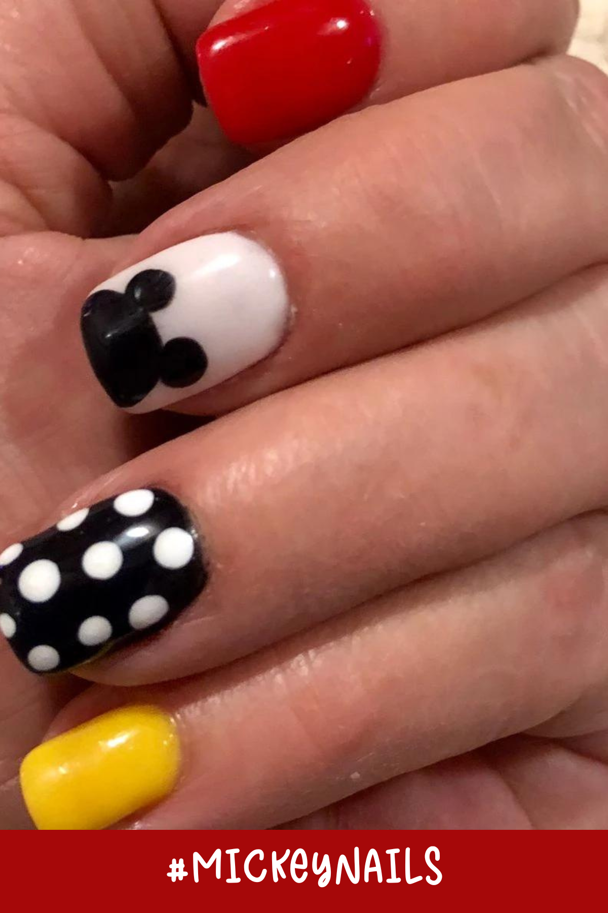 Bold and playful, this nail design features Mickey Mouse short nails in red, black, yellow, and white. The polka dots and iconic Mickey silhouette create a fun Disney vibe that's perfect for fans of Mickey and Minnie.