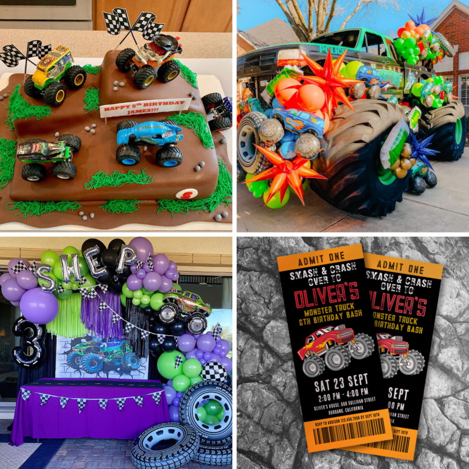 Monster truck illustration birthday party theme for kids
