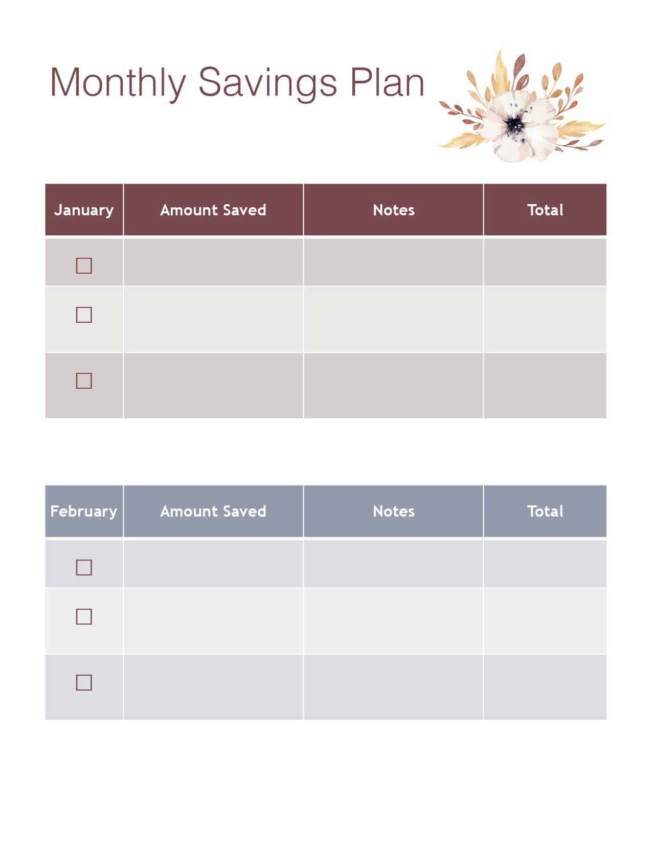 Download your free set of monthly savings plan printables