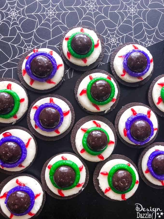 These creepy candy eyeball cookies use Oreos, frosting, and colorful chocolate to create a gory but fun look. They're a hit with kids (especially at classroom parties) and make a bold, bite-sized statement on any Halloween dessert table.