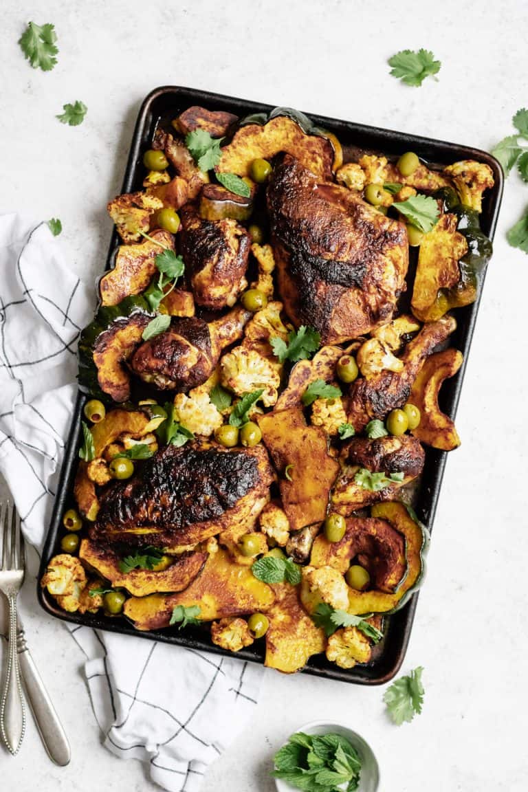 Paleo Moroccan Sheet Pan Chicken with Spiced Acorn Squash