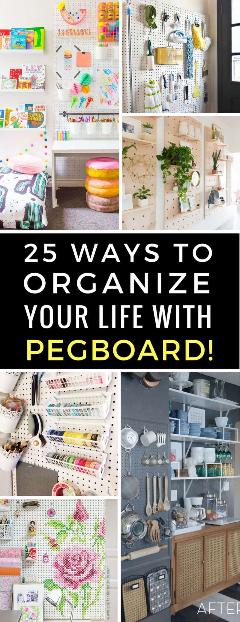 If you thought pegboards were just for garage organization think again! You can use them in the kitchen, the craft room, the bedroom and the craft room! Click through to see all of the pegboard pictures and ideas! | Organization | Storage Solutions | Pegboards | Just Bright Ideas