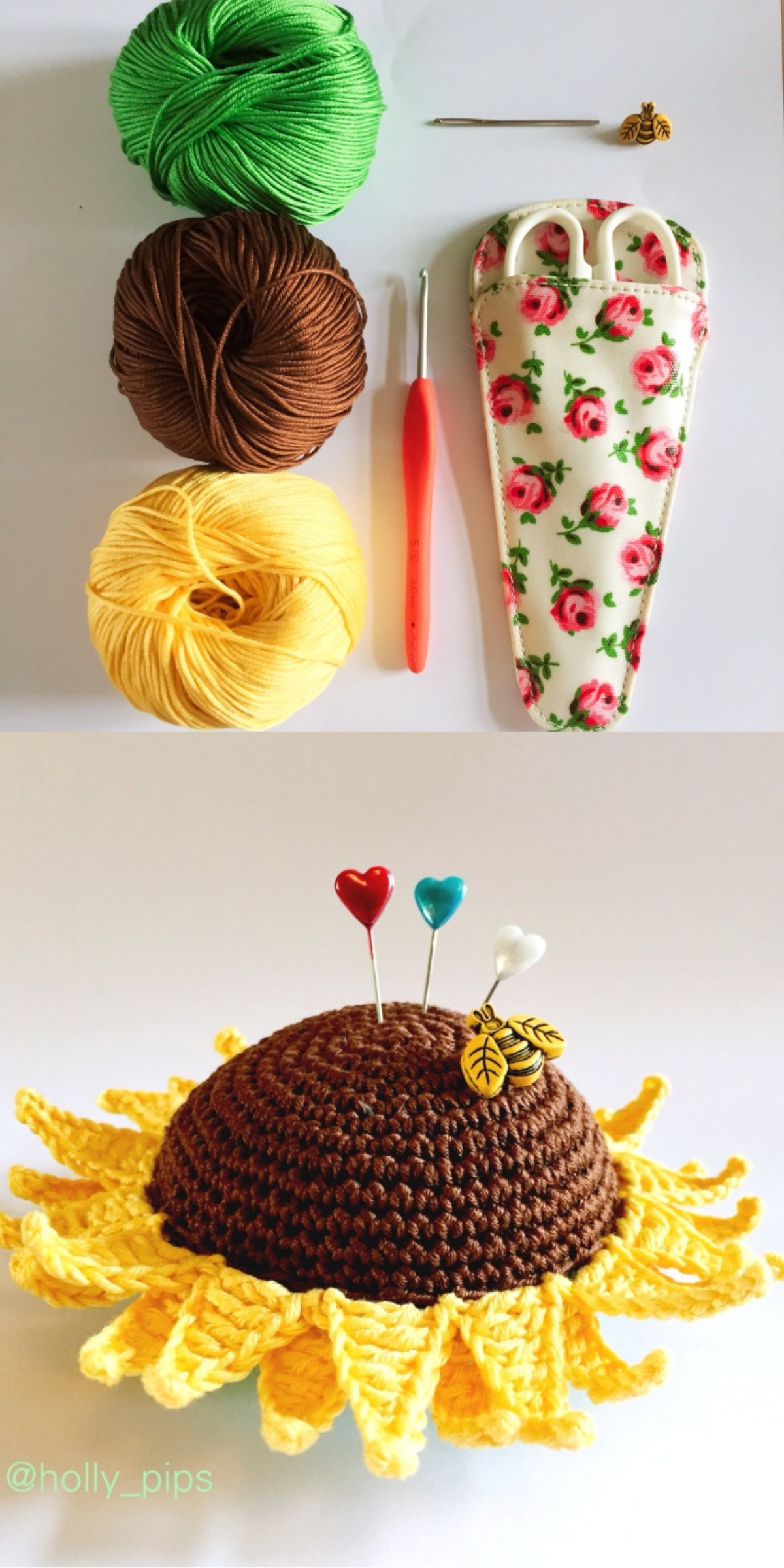 Keep your pins tidy and add a splash of sunshine to your sewing space with this sweet crochet sunflower pincushion. It’s a quick, useful project with a charming design.