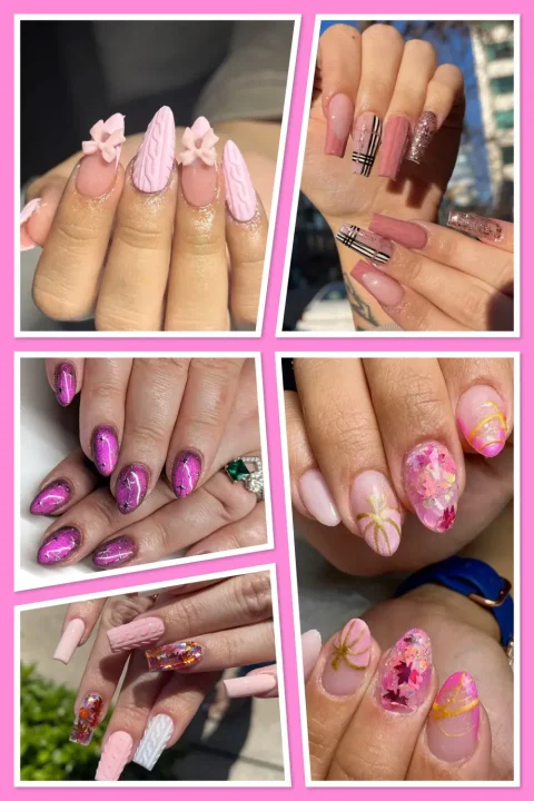 Looking for cozy yet glam nail ideas? These pink autumn nails are perfect for fall — think sweater textures, glitter accents, and soft pink gel looks. #FallNails #PinkNails #FallAcrylicNails