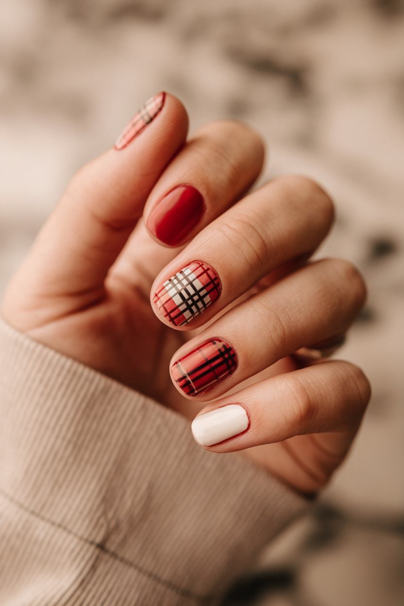 Plaid Perfection – Plaid patterns and warm red tones bring a rustic charm to your nails, perfect for sipping hot cocoa in your favorite flannel.