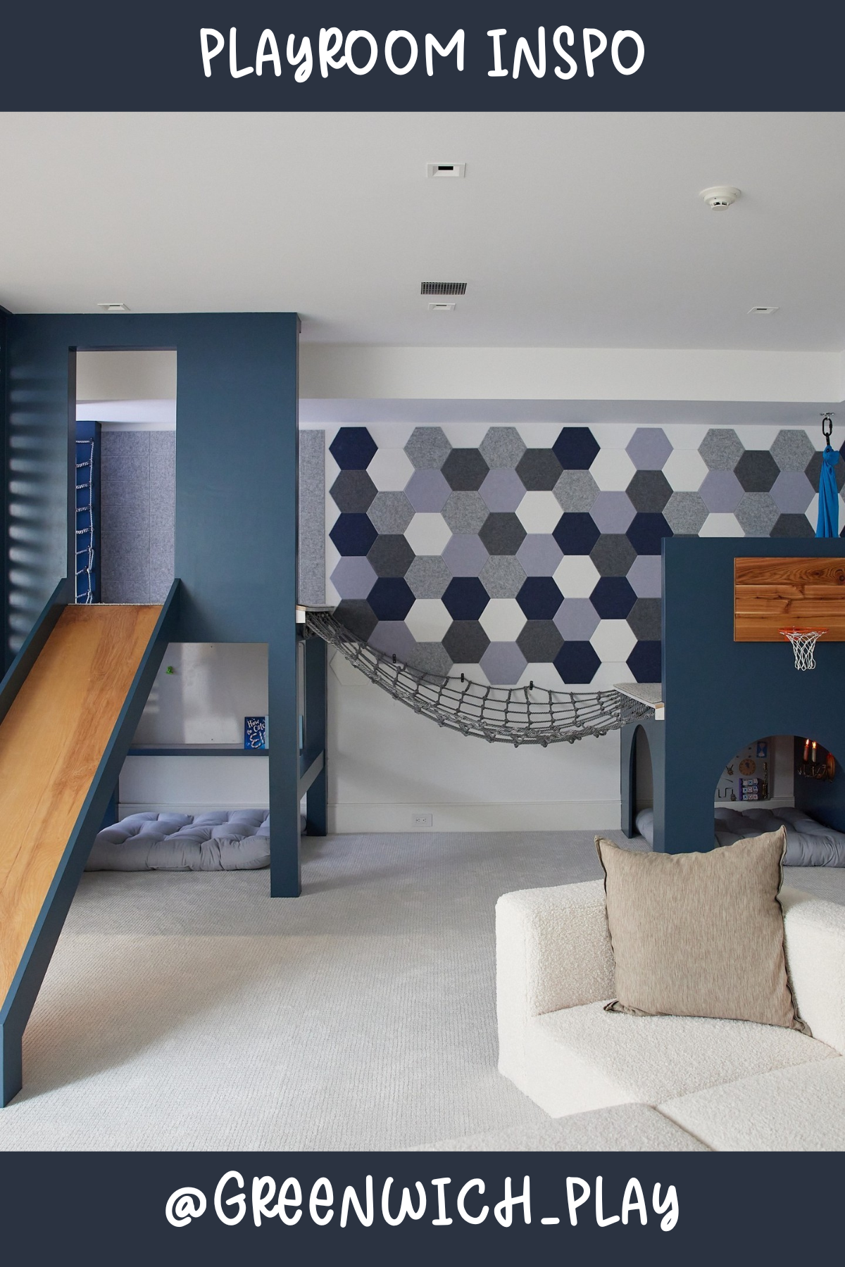 @greenwich_play - For the adventurers at heart, this playroom is a little paradise! With a slide, climbing wall, and net bridge, it’s perfect for burning off energy. The geometric wall art adds a modern touch, making this play space a true standout!