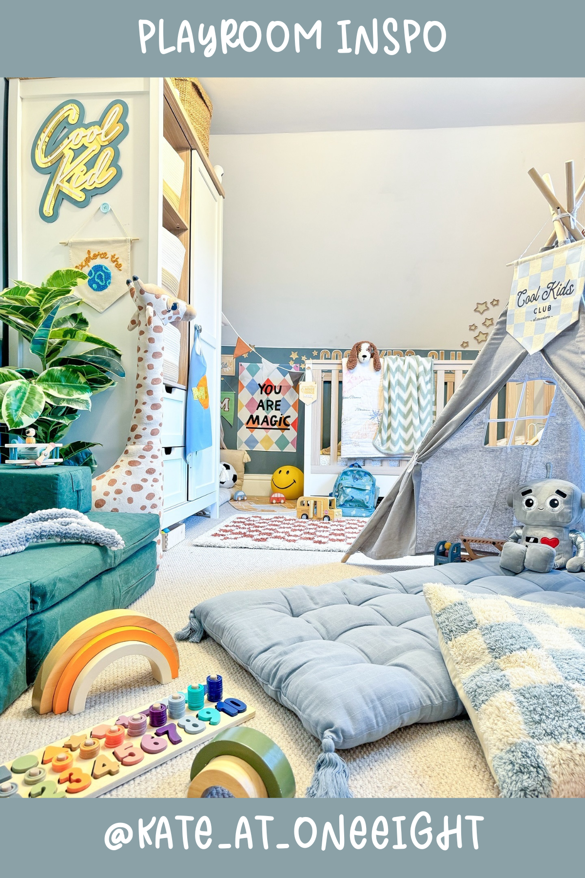 @kate_at_oneeight - Colorful, fun, and packed with personality! From the rainbow toys to the cozy reading nook, this playroom invites both active and imaginative play. The addition of soft rugs and play cushions gives it a warm, comfy feel – perfect for little ones to explore.