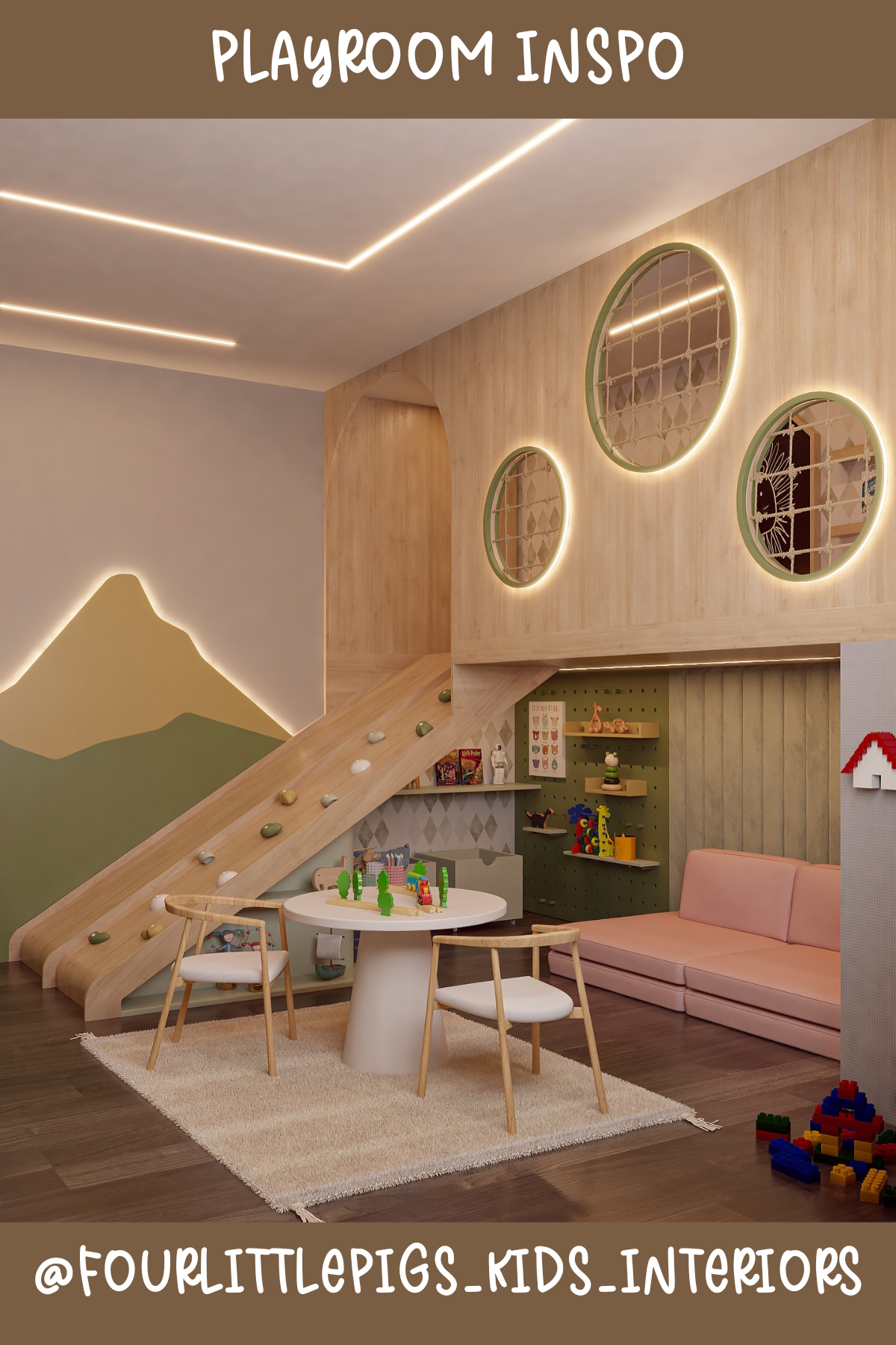 @fourlittlepigs_kids_interiors - This playroom is a dream come true for little builders and climbers! The built-in slide and climbing wall are genius for encouraging active play, while the soft lighting and pastel colors add a touch of calmness. A perfect blend of fun and relaxation!