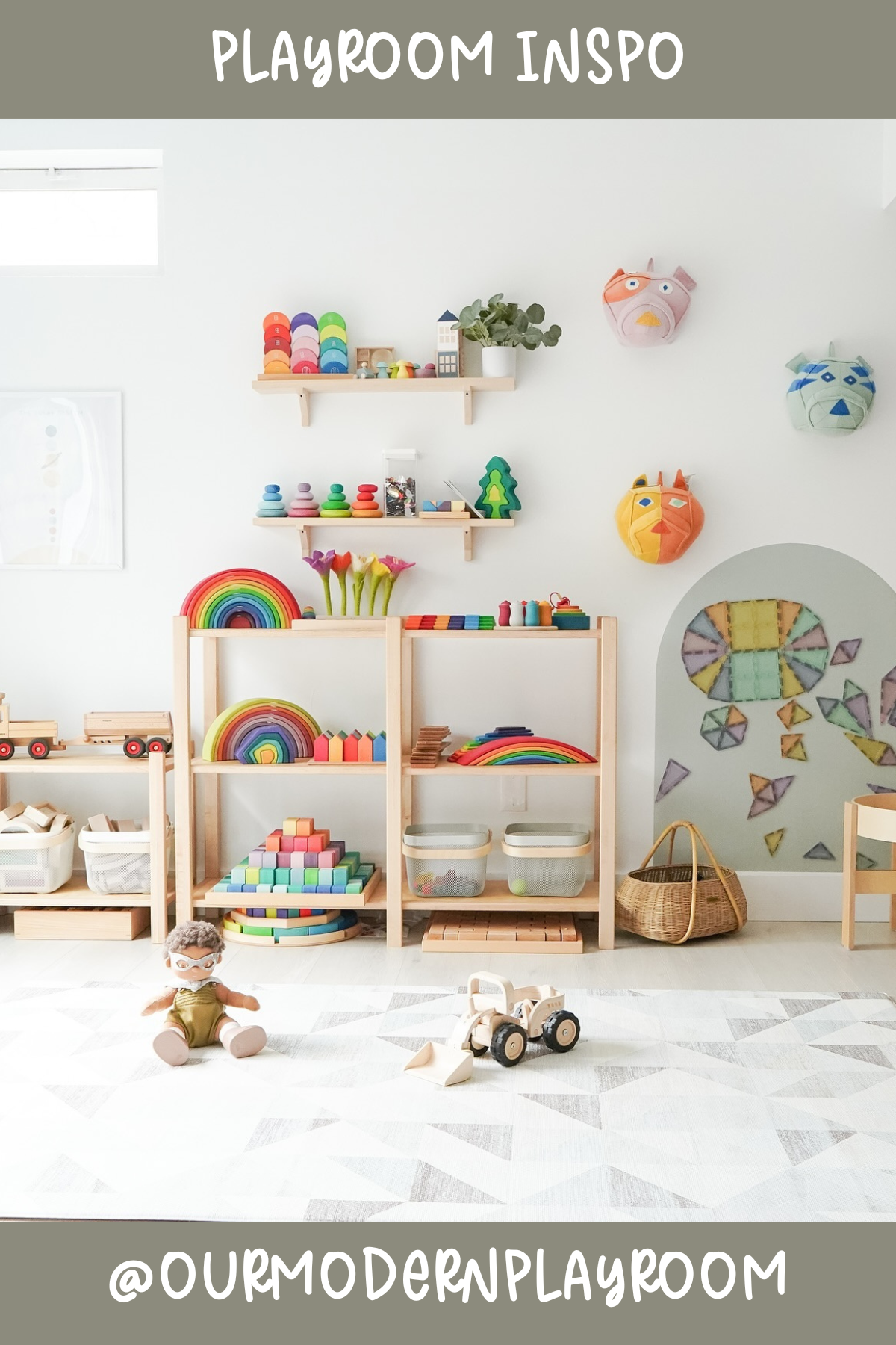 @ourmodernplayroom - Minimalist yet vibrant, this playroom is a showcase for natural toys and open shelving. The clean lines and pops of color make it feel cheerful without being overwhelming. It's a perfect setup for inspiring little minds to create and play!