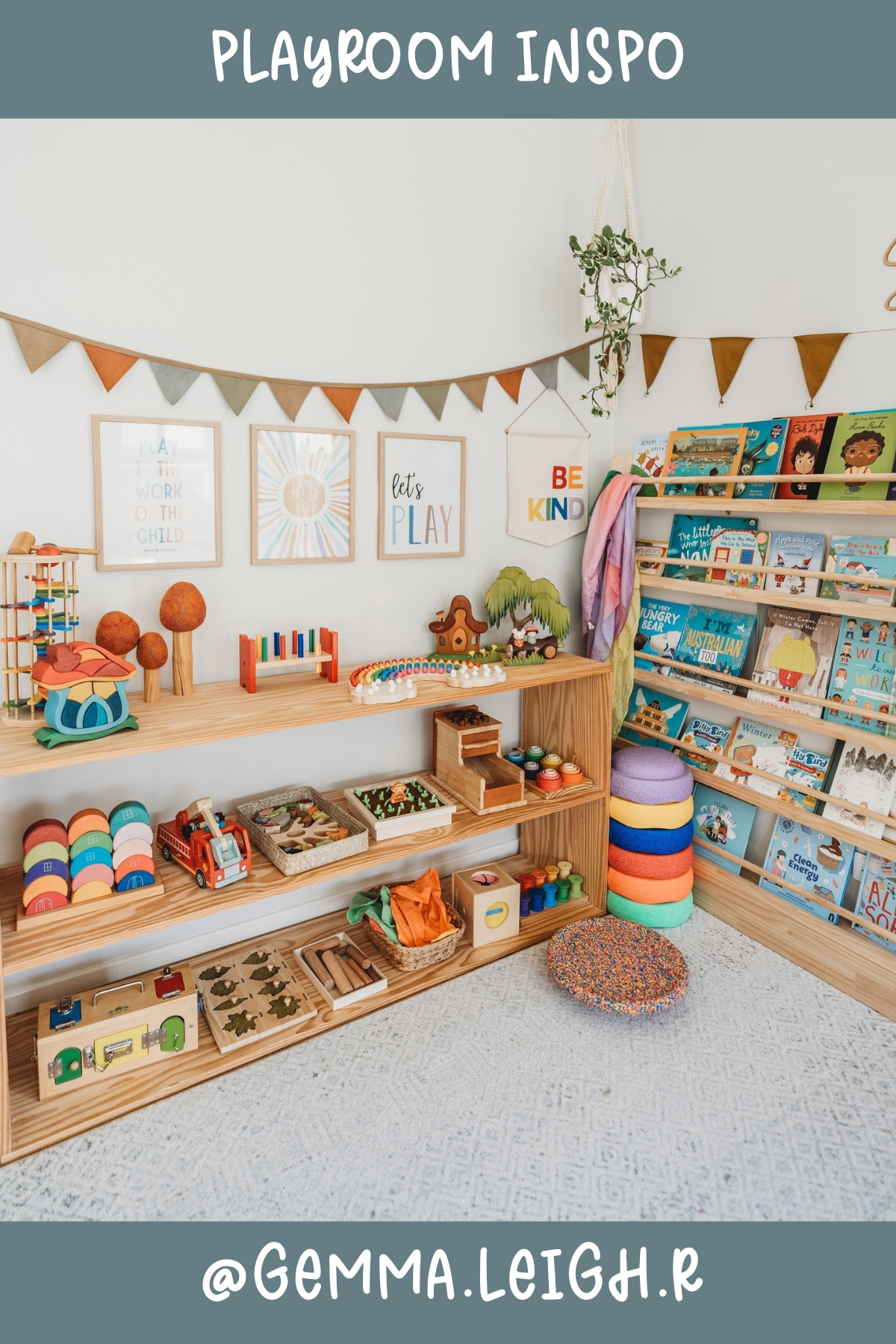 @gemma.leigh.r - A natural wonderland filled with wooden toys and cozy textures. The soft tones and earth-inspired decor create a calm and inviting space. The neatly arranged open shelves make it easy for kids to pick their favorite activities while keeping everything beautifully organized!