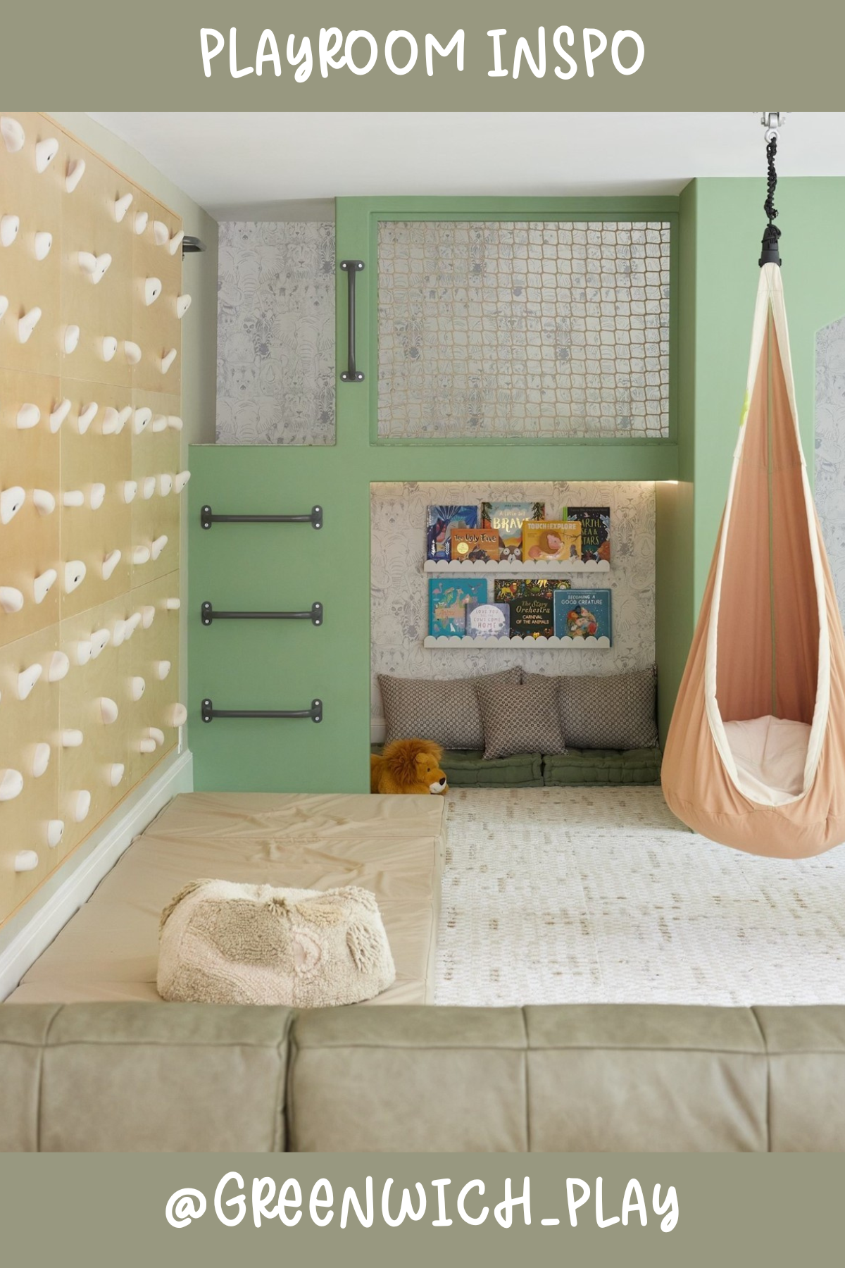 @greenwich_play - An adventurer's dream come true! With a mini climbing wall, netted nook, and hanging hammock chair, this space invites active play and imaginative adventures. The cozy reading corner tucked beneath makes it a spot for both energy-filled fun and quiet relaxation.