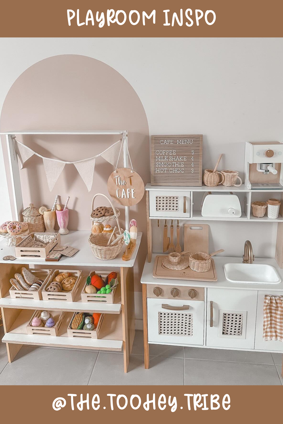 @the.toohey.tribe - Welcome to the cutest little café setup ever! This mini play kitchen and market stand invite endless hours of imaginative play. From the wicker baskets to the wooden play food, it’s all about bringing that cozy, natural aesthetic to life in the playroom!