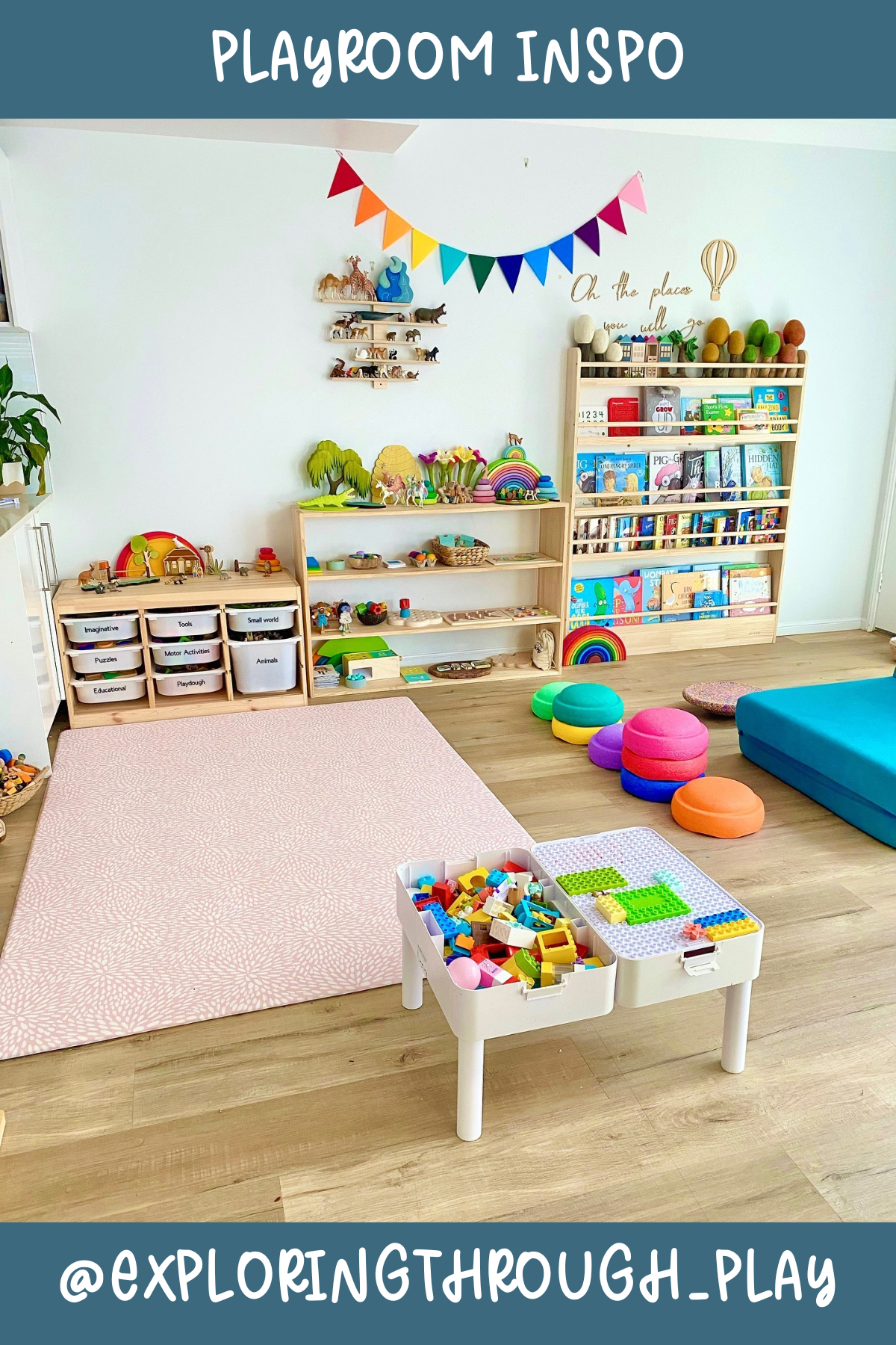 @exploringthrough_play - Bright, colorful, and oh-so-fun! With its rainbow garland and open shelves filled with books and toys, this playroom is all about sparking joy and imagination. The Lego table in the center promises hours of building fun while keeping the floor free from stepping on those dreaded blocks!