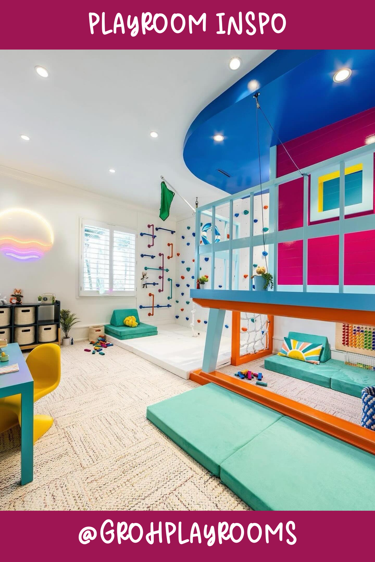 @grohplayrooms - Talk about a dream playground! This playroom features a climbing wall, hanging ropes, and a slide for hours of active play. The vibrant pops of blue, pink, and yellow create an energetic vibe that's perfect for little adventurers ready to conquer new heights.