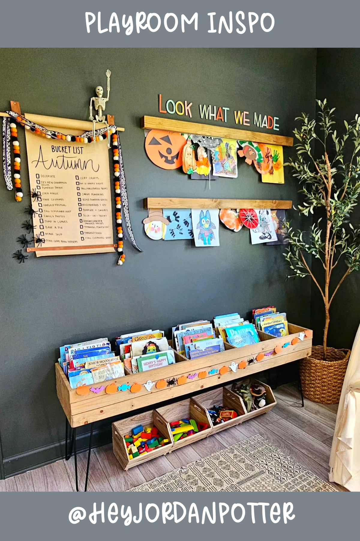 @heyjordanpotter - How cozy and creative is this setup? With an autumn-themed art display and a low-level bookshelf, this space celebrates each child's masterpiece. The soft lighting and natural textures make it a warm, inviting spot for both reading and showcasing seasonal crafts.