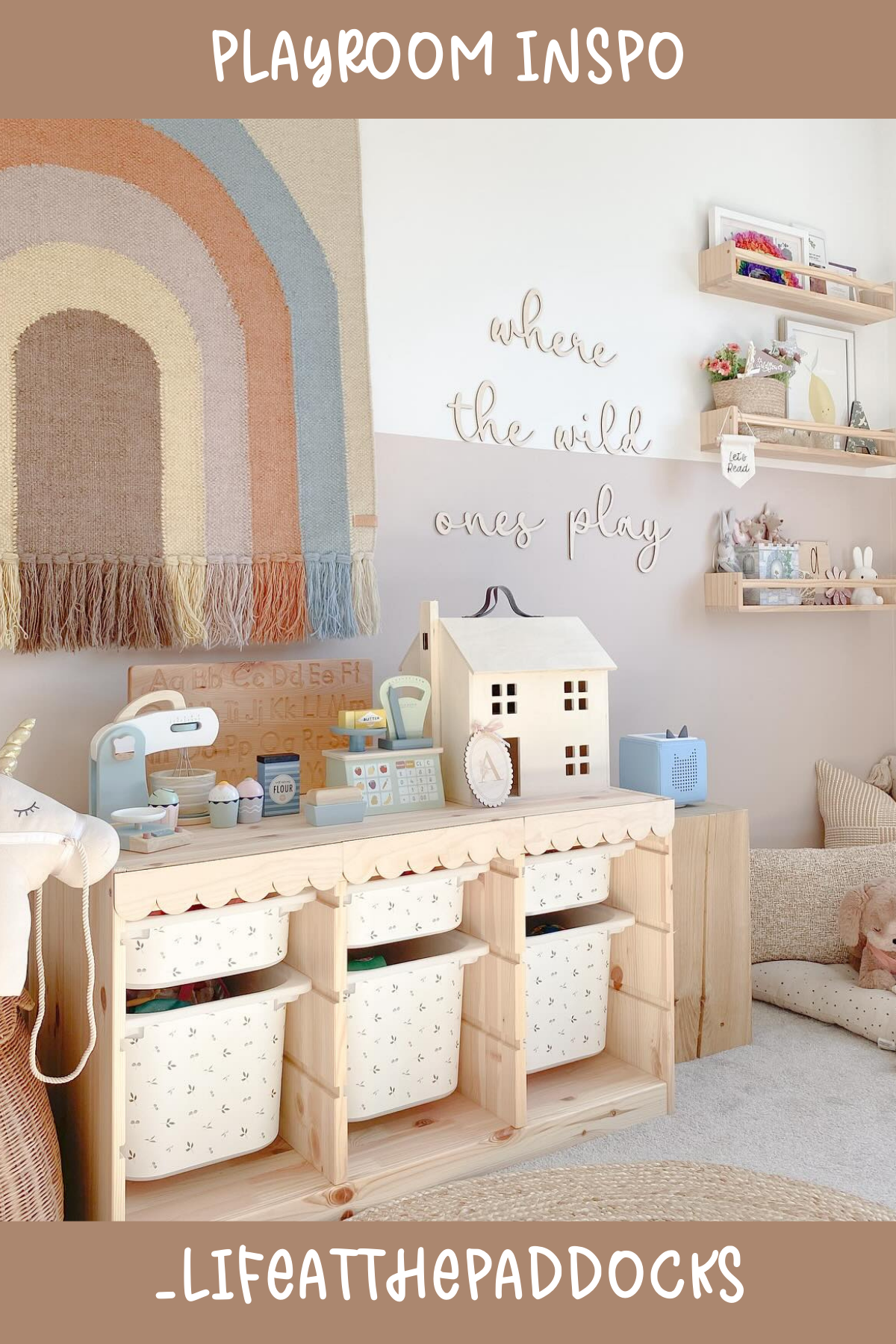 @lifeatthepaddocks - Talk about a playroom with personality! The cute pastel accents and rainbow wall decor create a warm and inviting atmosphere. Open shelving with patterned storage bins makes it easy to keep toys organized while leaving plenty of space for pretend play.