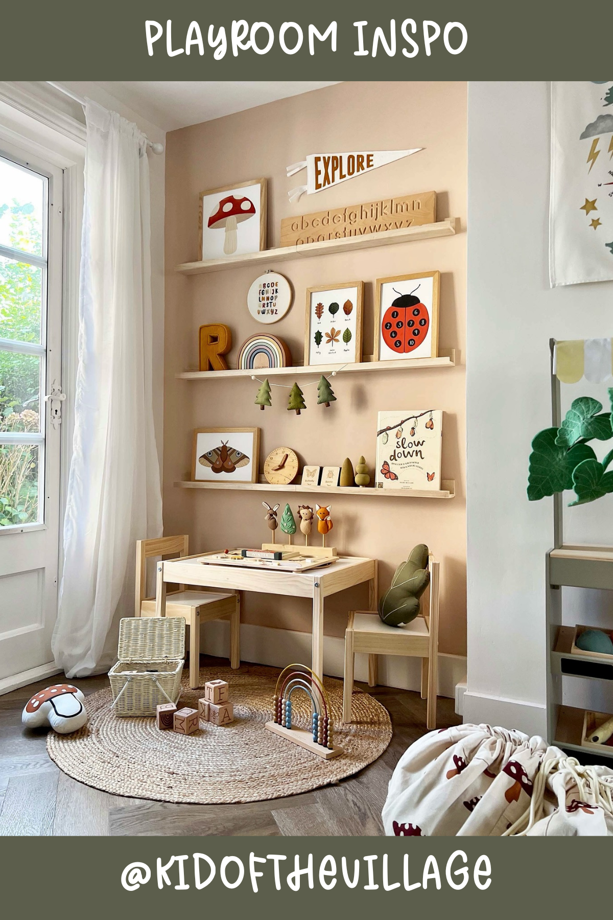 @kidofthevillage - This room is all about the details! With charming artwork, natural wooden toys, and a simple table and chairs set, it's perfect for creativity and learning. The neutral tones keep it calming, while the layered decor adds a touch of whimsy.