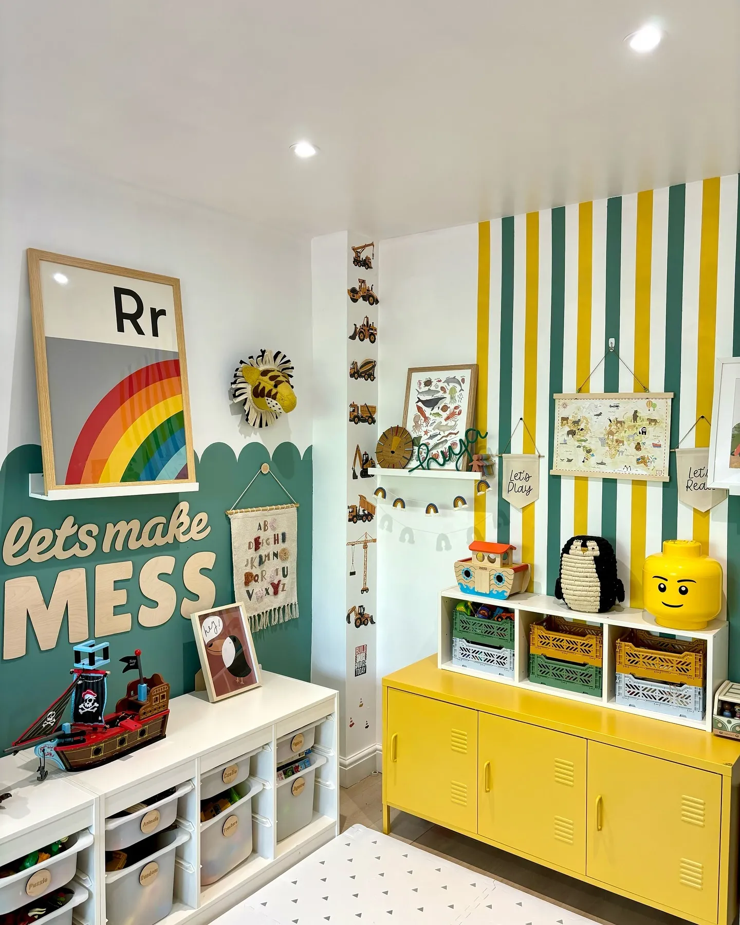 Bold & Playful LEGO-Themed Room – A mix of yellow, green, and bold patterns bring this LEGO and construction-inspired playroom to life with plenty of storage for tiny bricks.