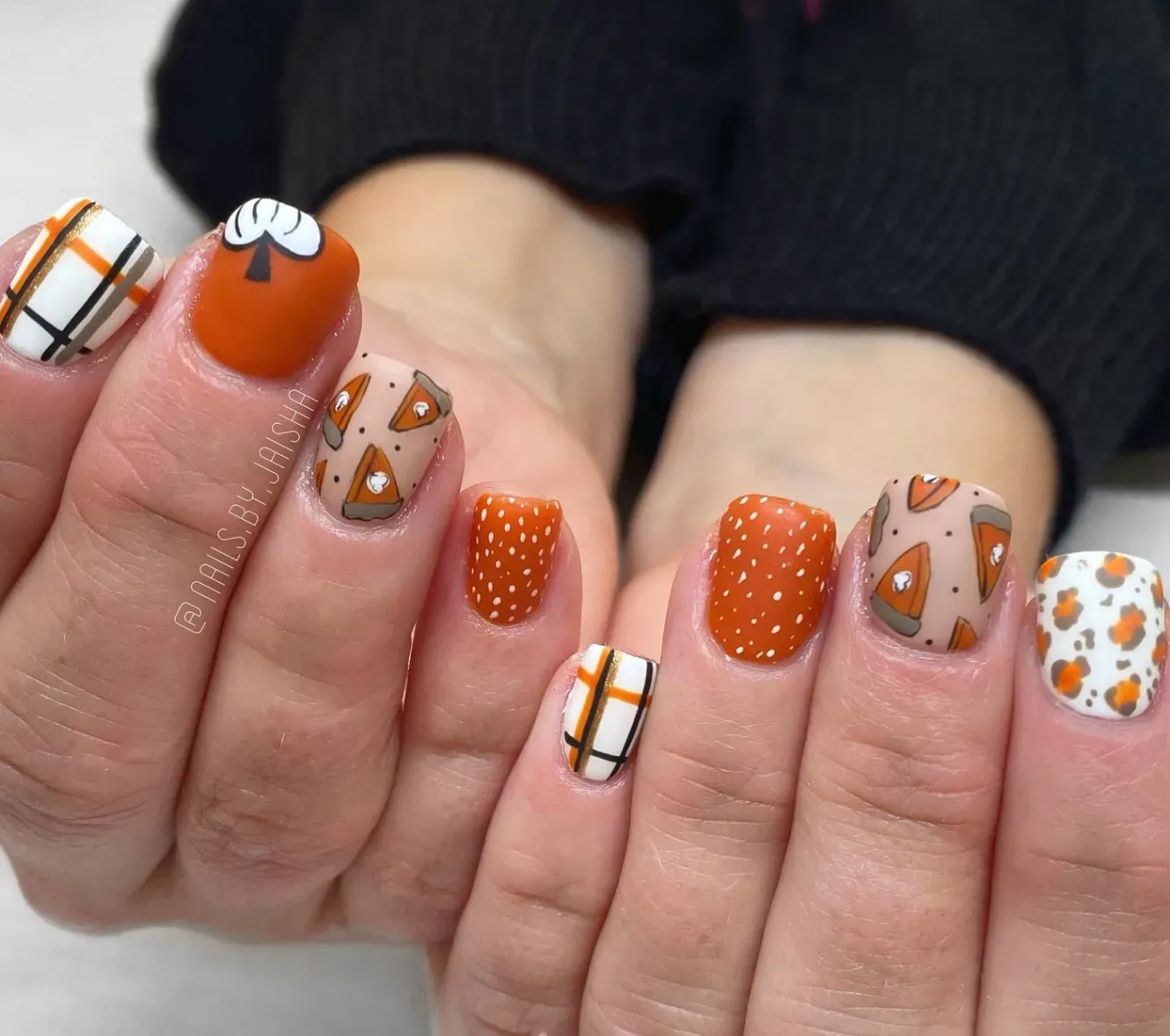This set mixes plaid, polka dots, and slices of pumpkin pie for a design that’s basically autumn on your fingertips. Perfect if you want nails that feel just as cozy as Thanksgiving dinner.