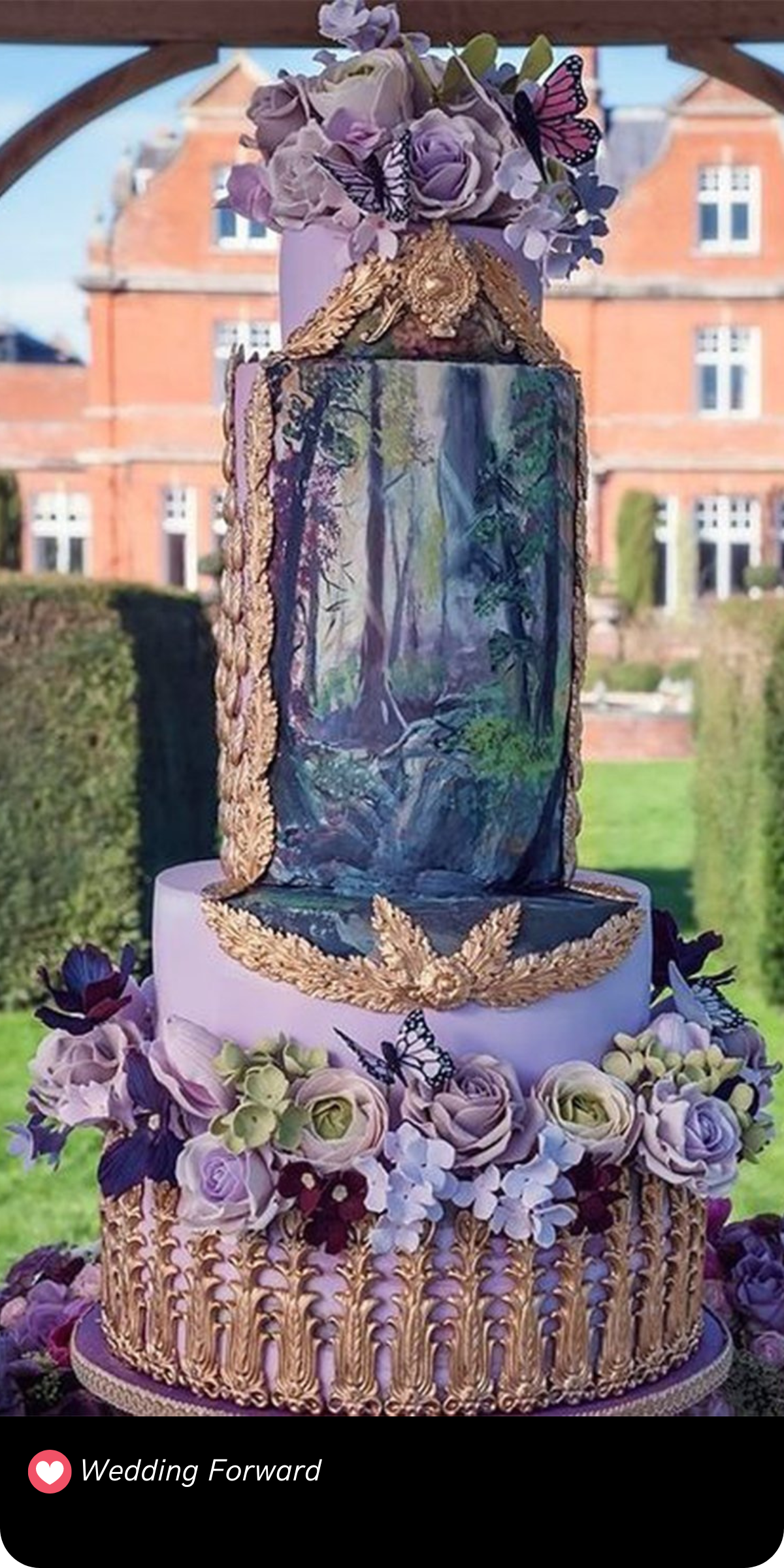 This luxurious cake is a showstopper with its lush garden design, featuring a hand-painted scene and opulent gold accents, taking the concept of a "statement cake" to the next level.