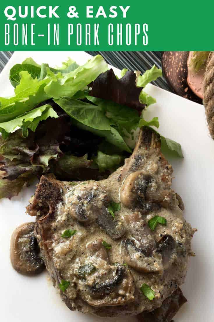 These rustic bone-in pork chops served with a deliciously creamy mushroom sauce are packed with tons of flavour.