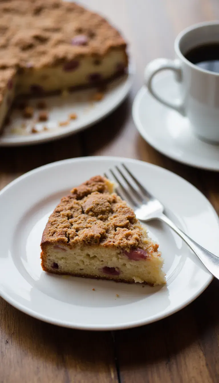 This buttery Rhubarb Coffee Cake is a tender, crumbly delight—perfect for brunch, tea time, or a sweet afternoon break. #brunchideas #rhubarbrecipes #homemadebaking