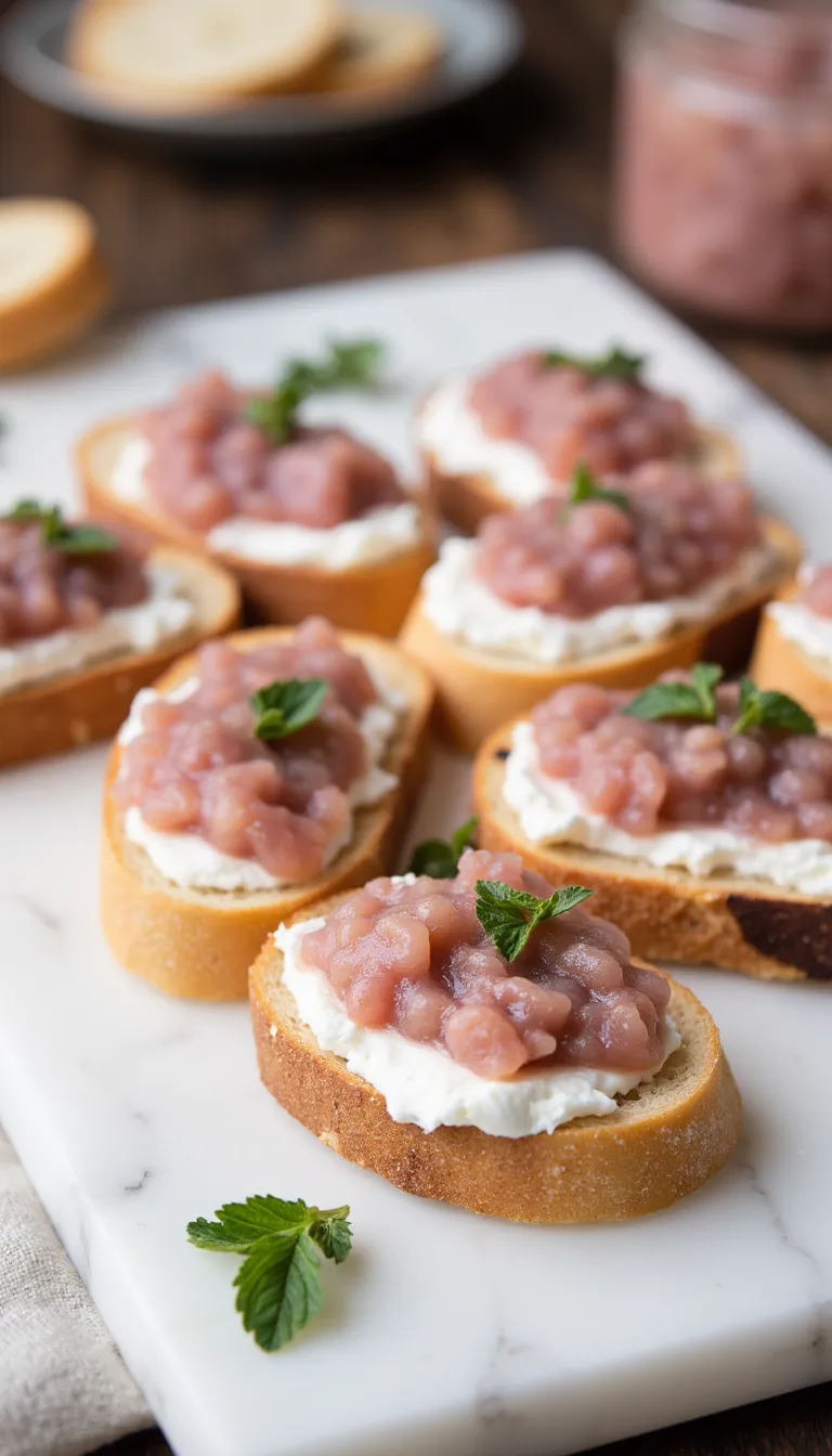 Rhubarb Goat Cheese Crostini is a fancy but easy appetizer—perfect for summer BBQs and garden parties!