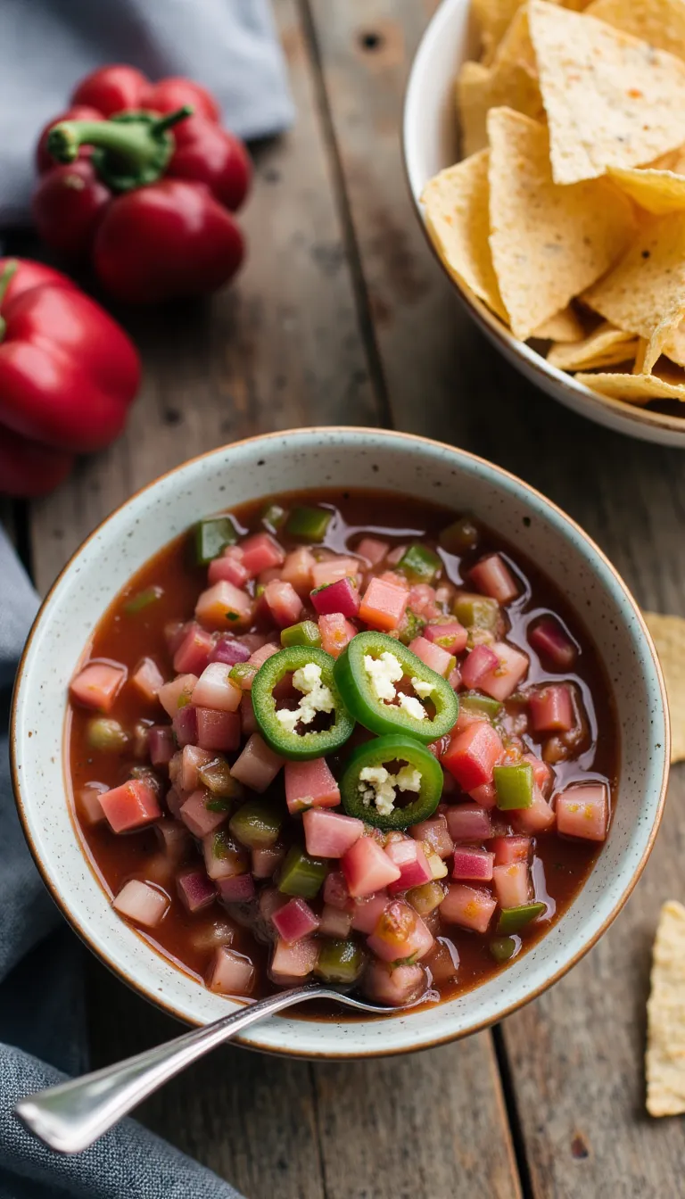 This fruity and spicy Rhubarb Salsa is a fresh appetizer to scoop up at your next summer BBQ!
