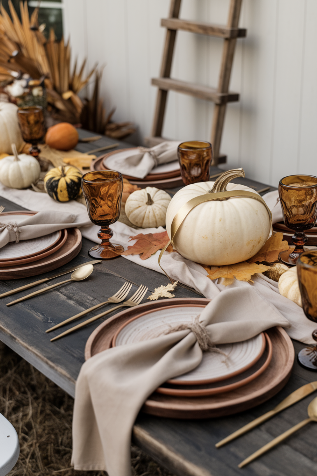 A photo of a beautifully styled fall-themed outdoor tablescape. The table is set with rustic wooden plates, gold flatware, and beige napkins. There are amber goblets for drinking. The table is adorned with a beige tablecloth and a gold runner. The centerpiece is a white pumpkin with a gold ribbon around it. There are also gourds and dried leaves scattered around the pumpkin. 