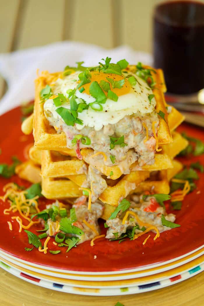 SAVORY CORNMEAL WAFFLES WITH GREEN CHILE AND SAUSAGE GRAVY