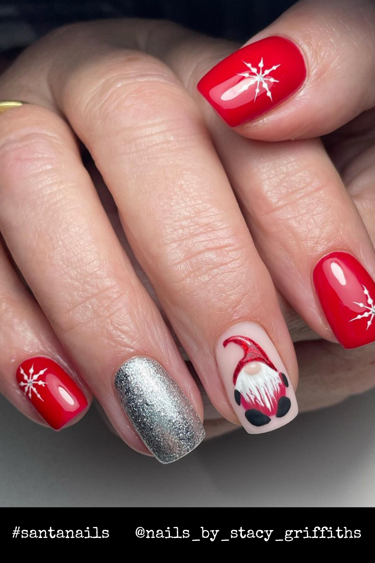 Santa Gnome Glam: This design blends red, silver glitter, and an adorable Santa gnome accent. Perfect for anyone looking for unique Christmas nails with a hint of playful charm!