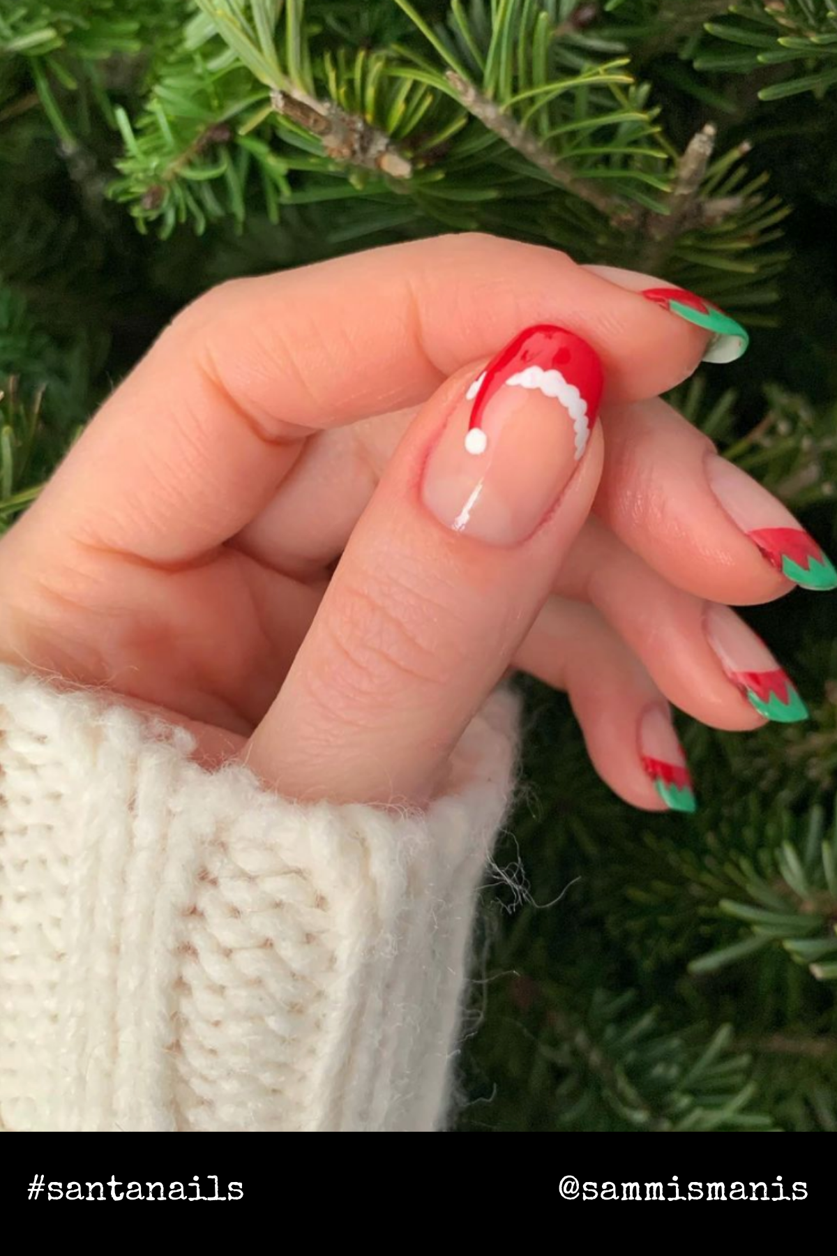 Festive Santa Hat Tips: Subtle yet stylish! These minimalist nails feature Santa hats along the tips for a fun Christmas nail design that's perfect for December.