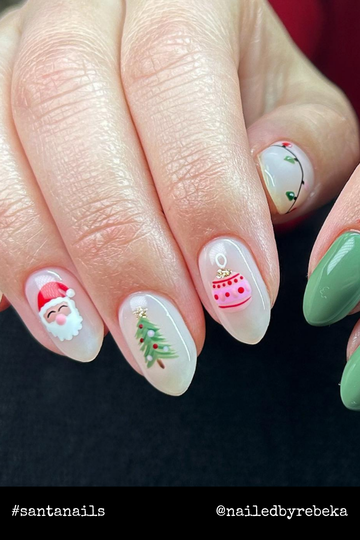 Whimsical Christmas Charms: Featuring mini Santa, Christmas trees, and ornaments, this design is great for anyone who loves intricate and detailed festive Christmas nails.