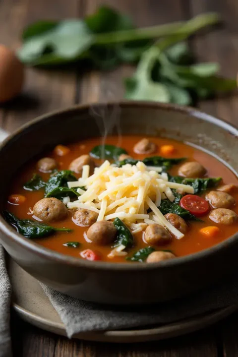 This quick sausage soup is full of flavor and makes amazing leftovers. Perfect for a hearty, low-carb meal!