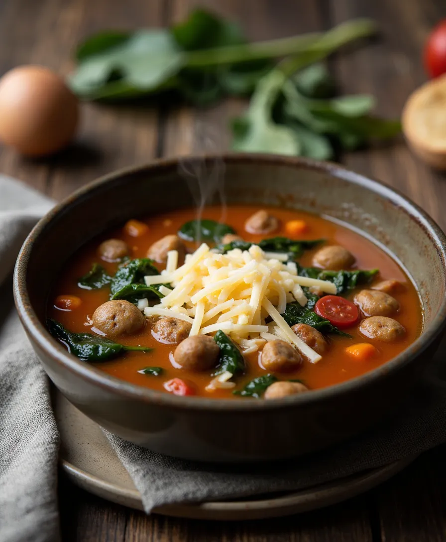 This quick sausage soup is full of flavor and makes amazing leftovers. Perfect for a hearty, low-carb meal!