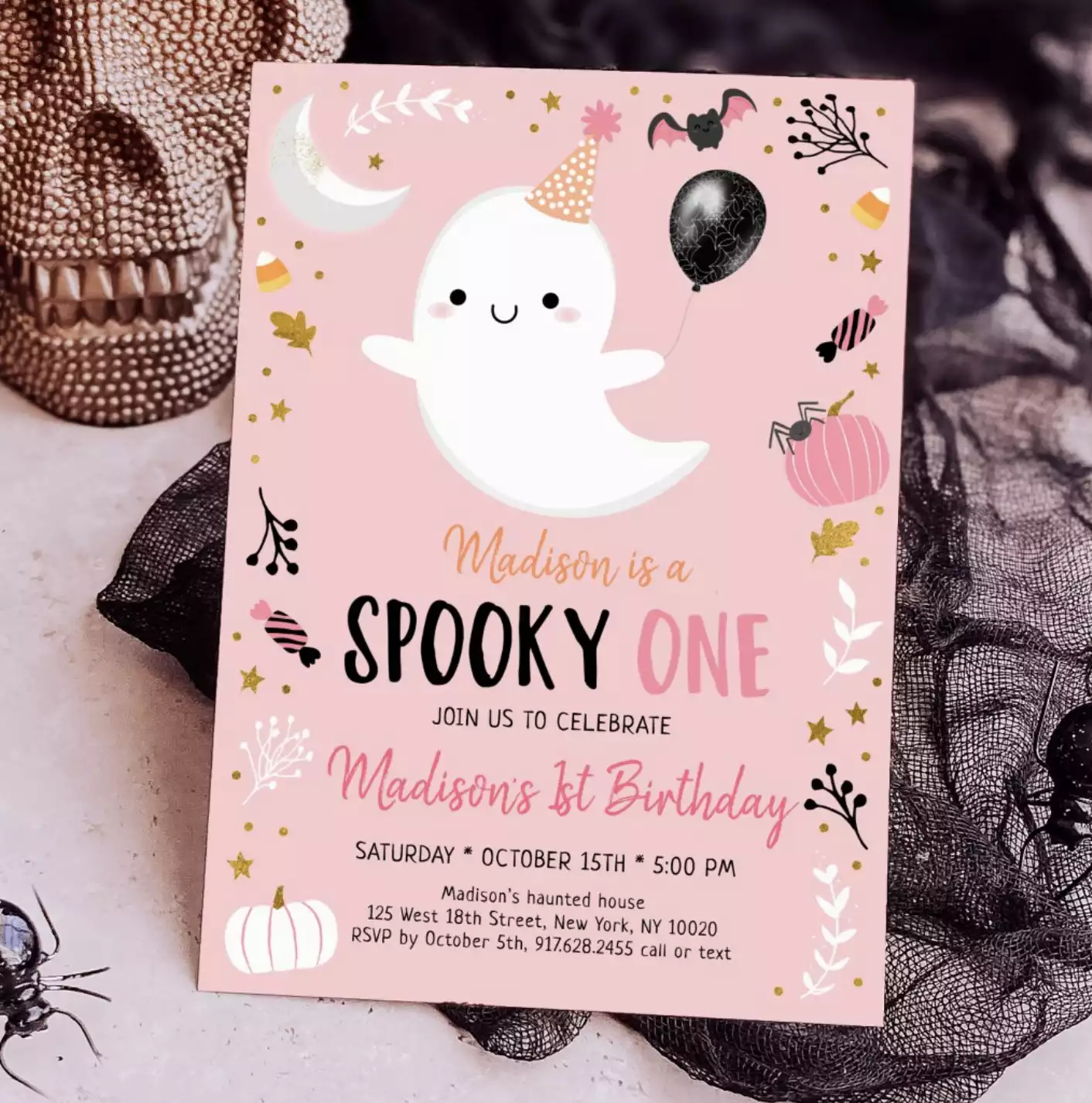 Spooky ONE Pink Ghost Halloween Birthday Invitation